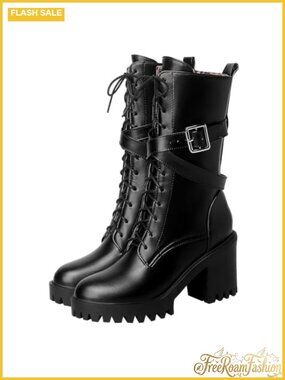 Women's Chunky Lace Up Mid Calf Platform Combat Boots